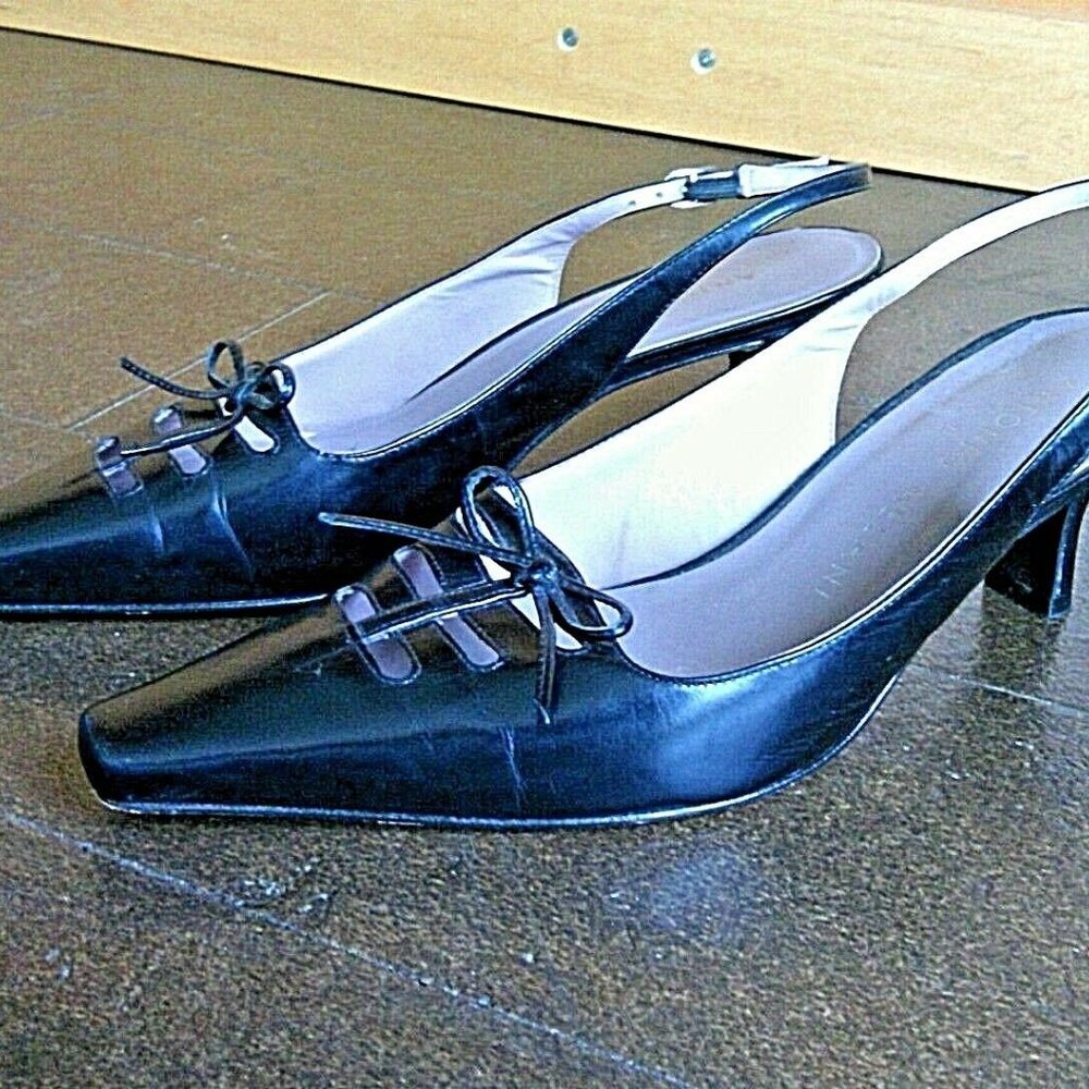 Antonio Melani Women's Glove Fit Black Leather Square Toe Ankle Strap Heels Bows
